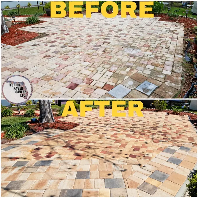 Before-and-after paver cleaning and sealing on a multicolor patio around trees