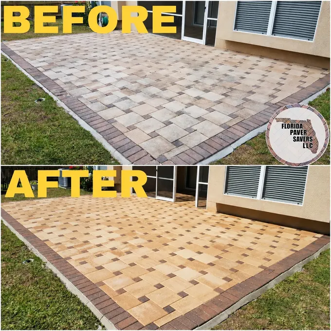 Before-and-after paver cleaning and sealing on a rectangular patio beside a home