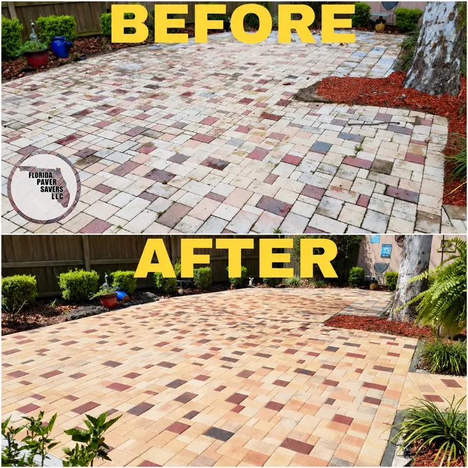 Before-and-after paver cleaning and sealing on a patio around a tree