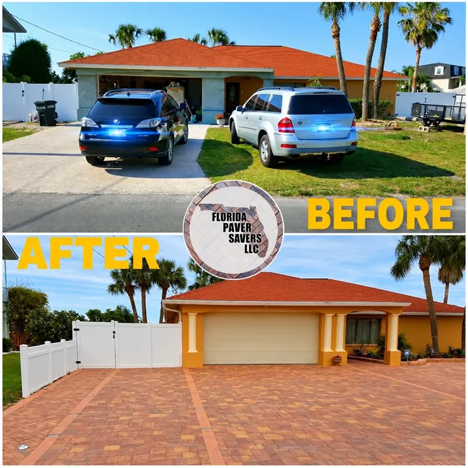Before-and-after driveway transformation in front of an orange-roofed home