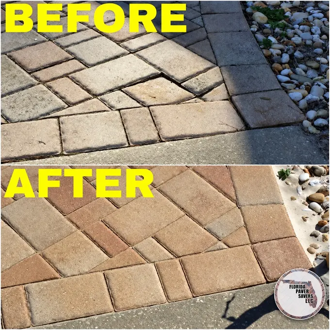Before-and-after paver repair and sealing along a border