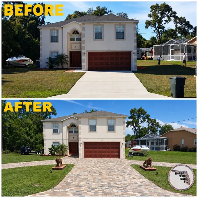 Before-and-after driveway conversion at a two-story home