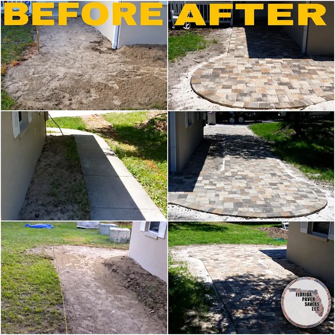 Before-and-after paver walkway and entry installation beside a home