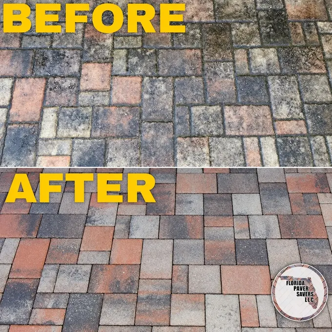 Before-and-after comparison of the color and condition of rectangular pavers
