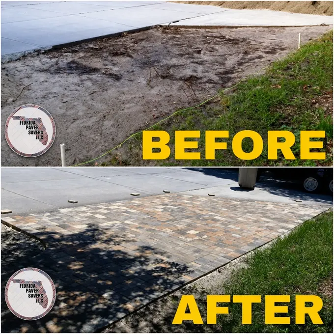 Before-and-after paver driveway extension beside existing concrete