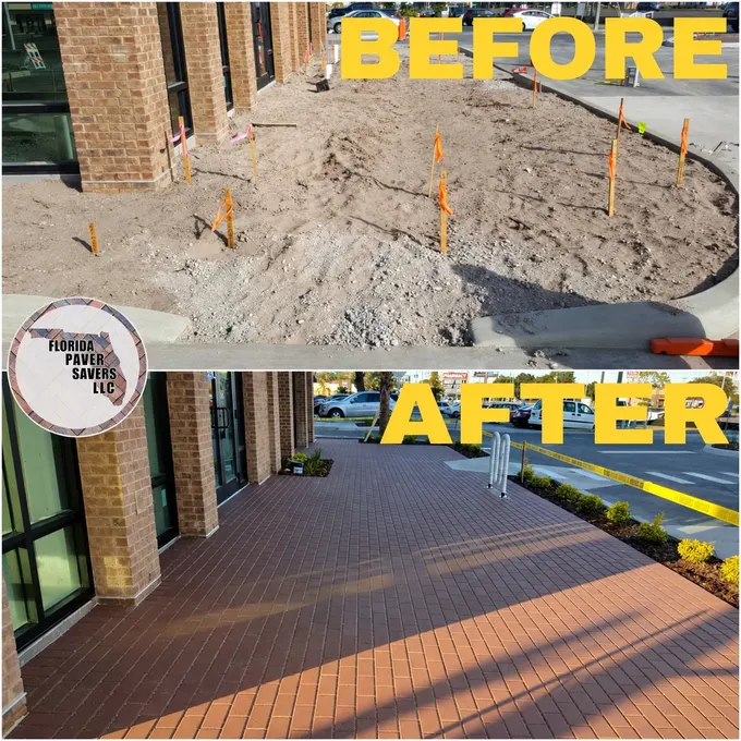 Before-and-after commercial paver patio and entrance walkway installation