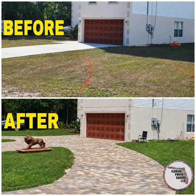 Grass approach before and a curved paver driveway after installation