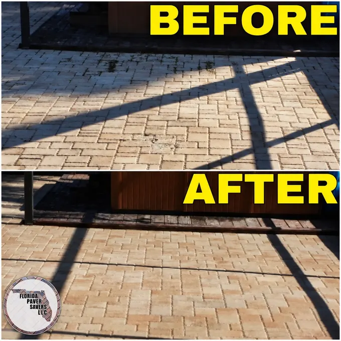 Before-and-after paver cleaning and sealing beside a screened outdoor area