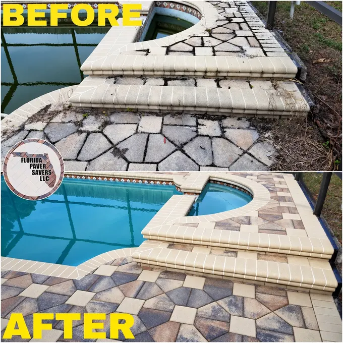 Before-and-after paver cleaning and sealing around a pool and raised spa