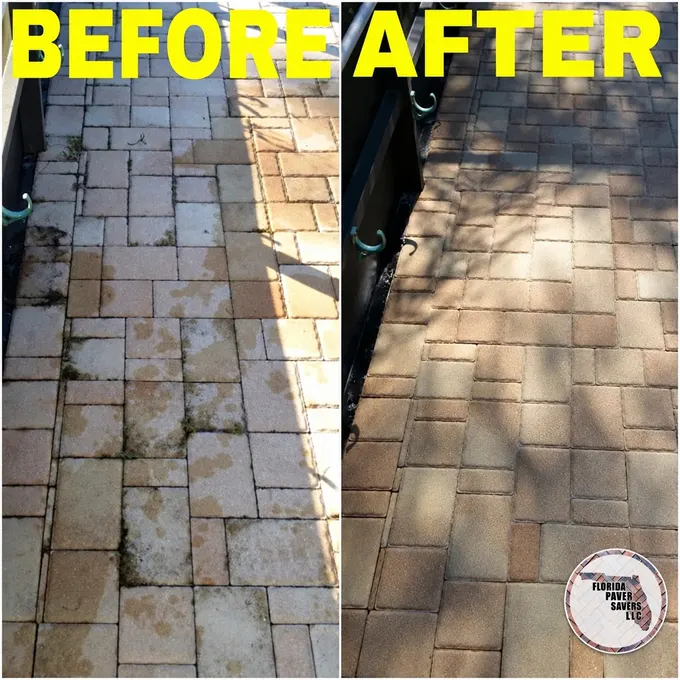 Before-and-after comparison of pavers beside a screen enclosure post