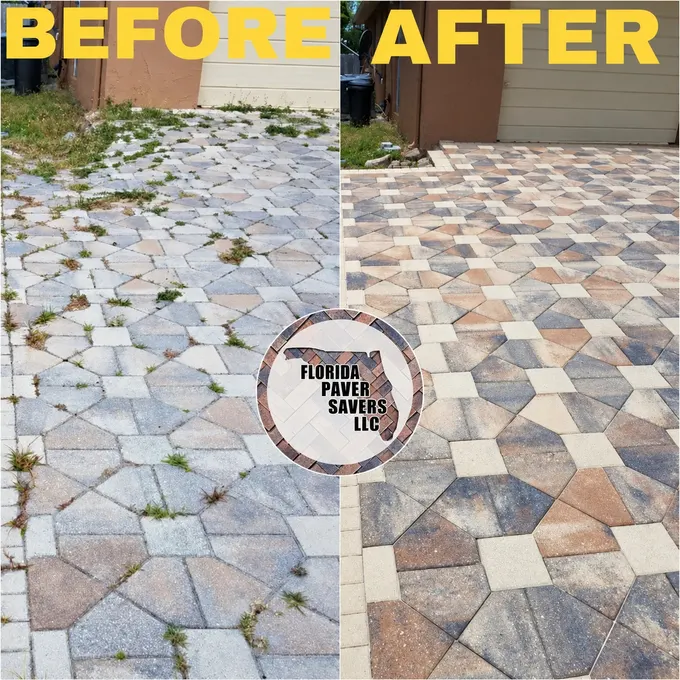 Before-and-after paver cleaning and sealing on a driveway outside a garage