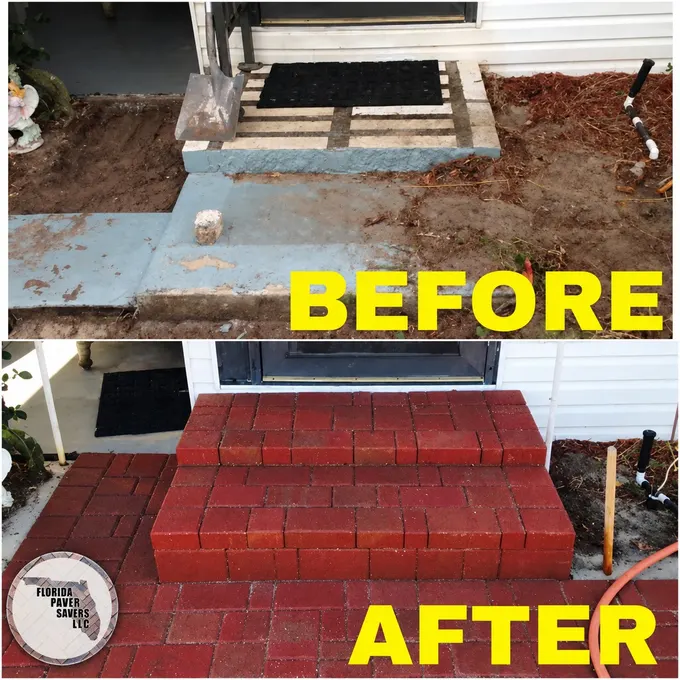 Before-and-after entry steps finished with red pavers