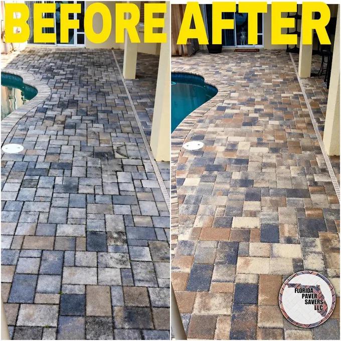 Before-and-after paver cleaning and sealing around a curved pool edge