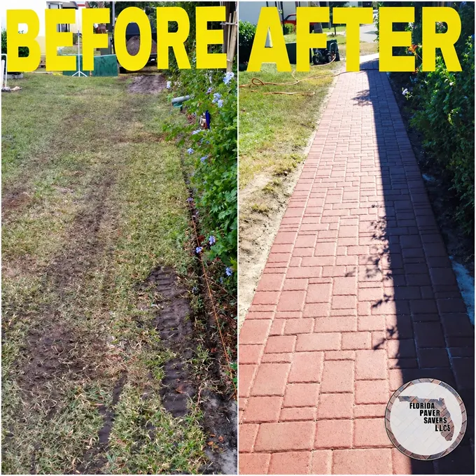Before-and-after garden path finished with red pavers
