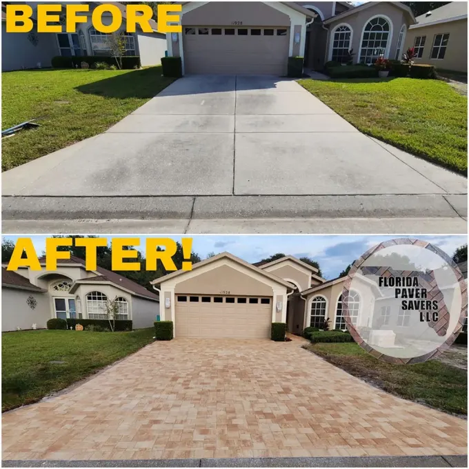 Concrete driveway before and a bordered paver driveway after installation