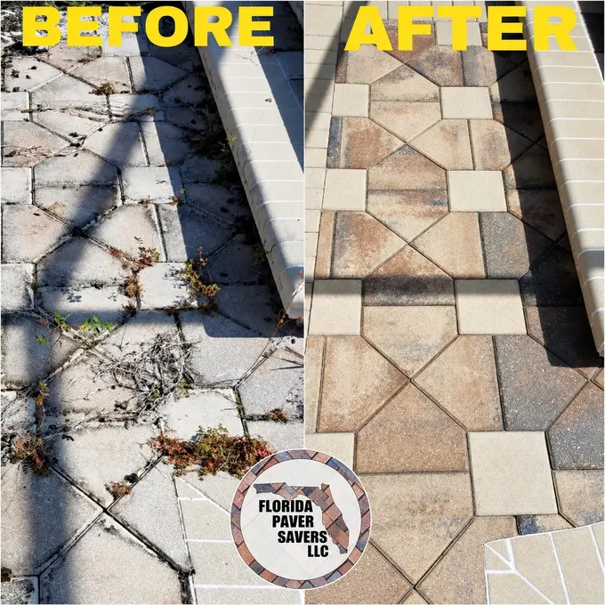 Before-and-after paver cleaning and sealing beside raised pool coping
