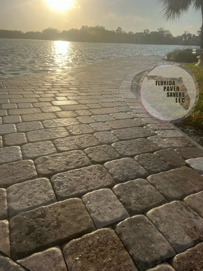 Close view of waterfront pavers at sunset