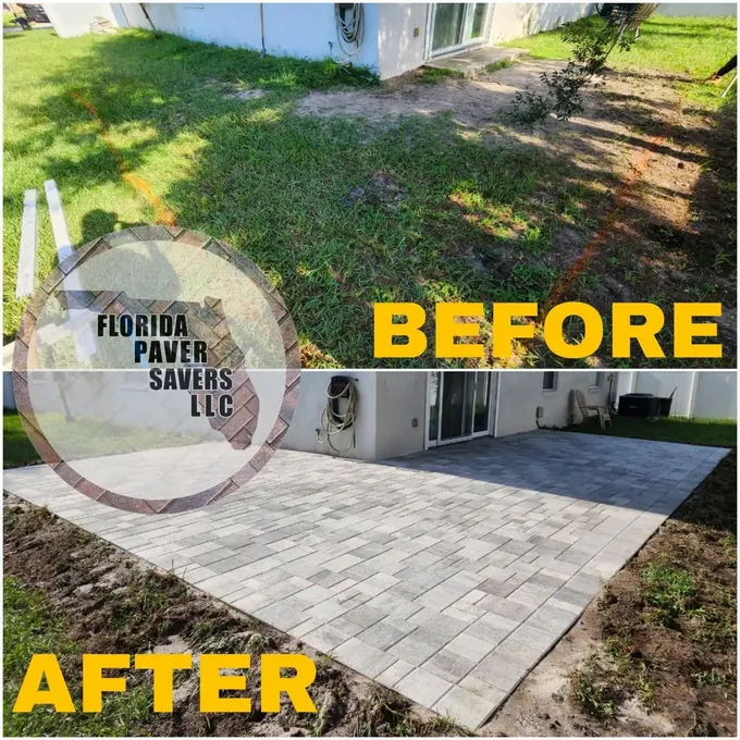 Before-and-after comparison of a bare backyard and a new bordered paver patio
