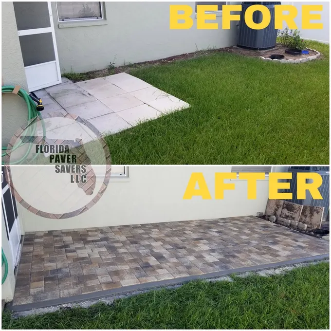 Before-and-after comparison of a lawn edge and a new paver patio extension