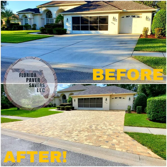 Before-and-after comparison of a concrete driveway and tan bordered pavers