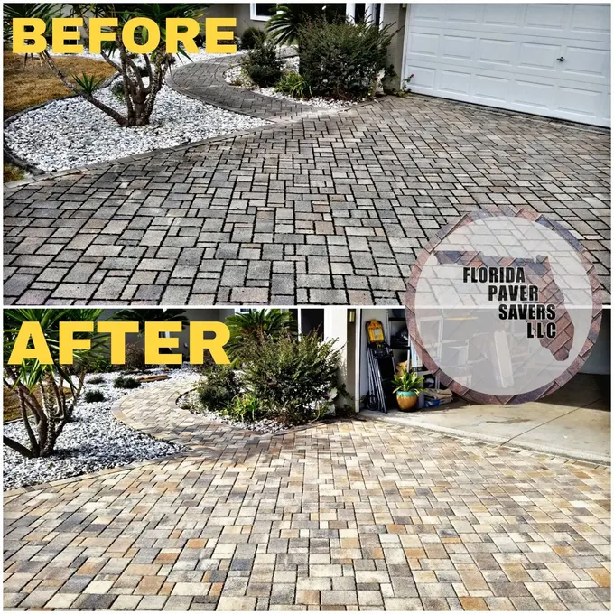 Before-and-after comparison of weathered driveway pavers and a restored surface
