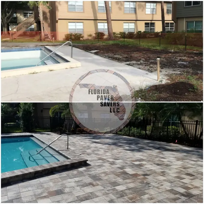 Before-and-after comparison of a pool surround and a newly paved deck