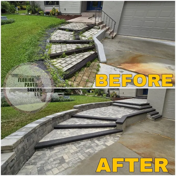 Before-and-after restoration of paver steps and their adjoining walkway