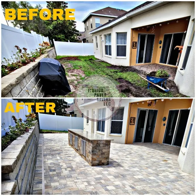 Before-and-after backyard paver patio with a retaining wall and central seating wall
