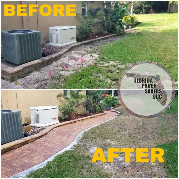 Before-and-after installation of a curved red paver path alongside a home