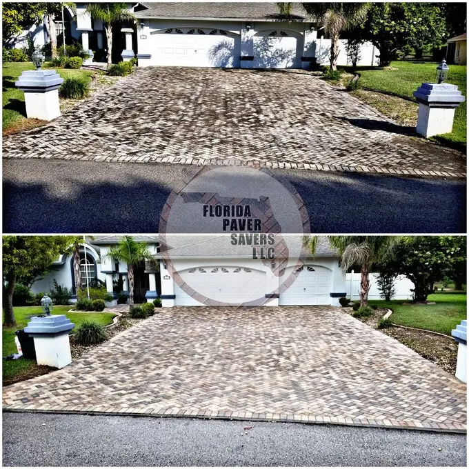 Before-and-after restoration of a paver driveway between white entrance pillars
