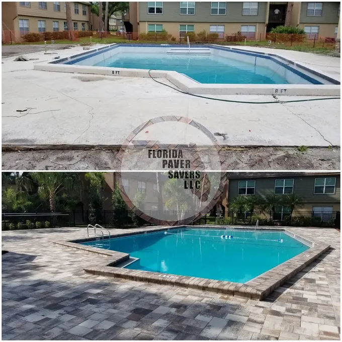 Wide before-and-after view of a commercial pool surrounded by new gray pavers
