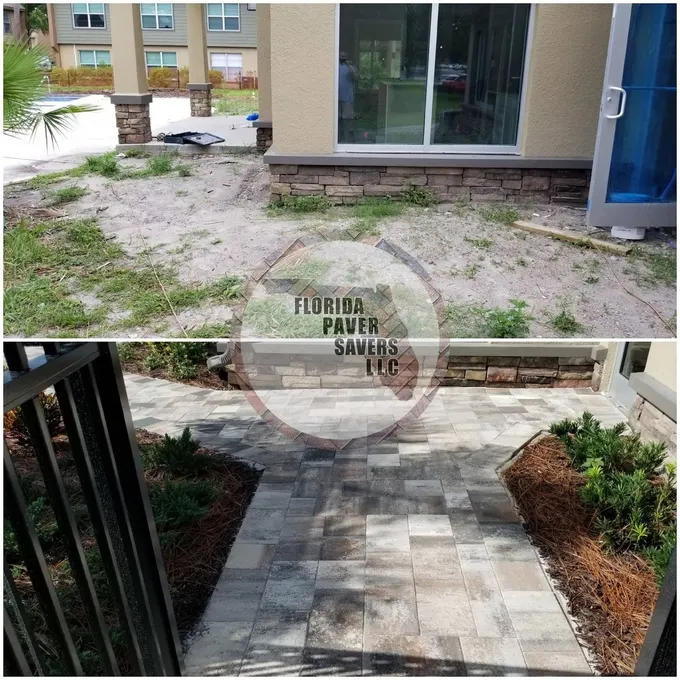 Before-and-after commercial paver walkway leading from the clubhouse to the pool