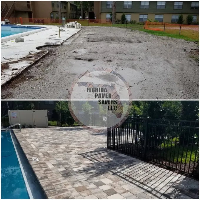 Before-and-after installation of a commercial paver pool surround beside a fence