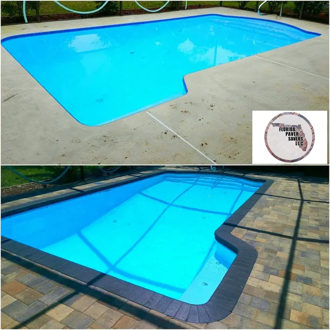 Concrete pool surround before and bordered paver pool deck after installation