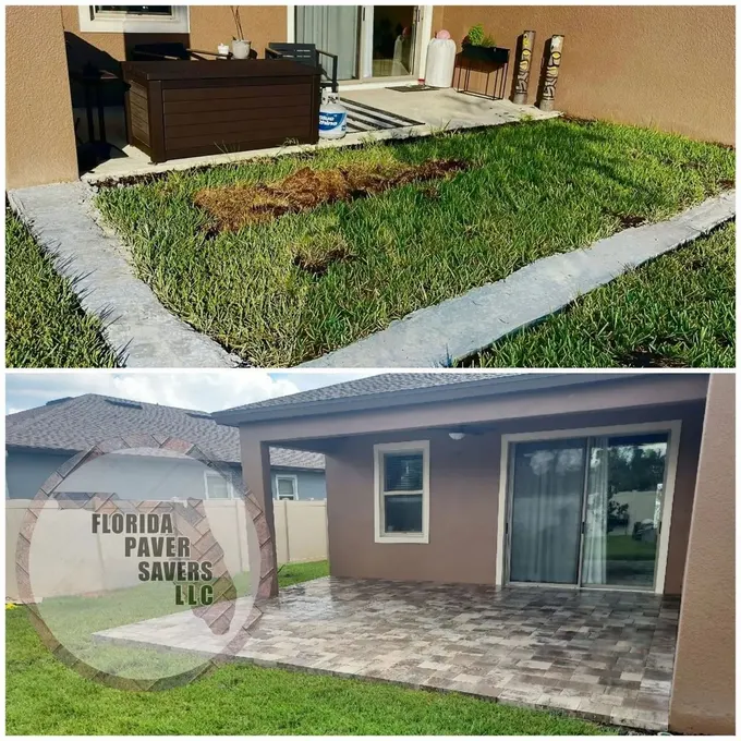 Before-and-after paver patio installation outside sliding doors in the Talavera community