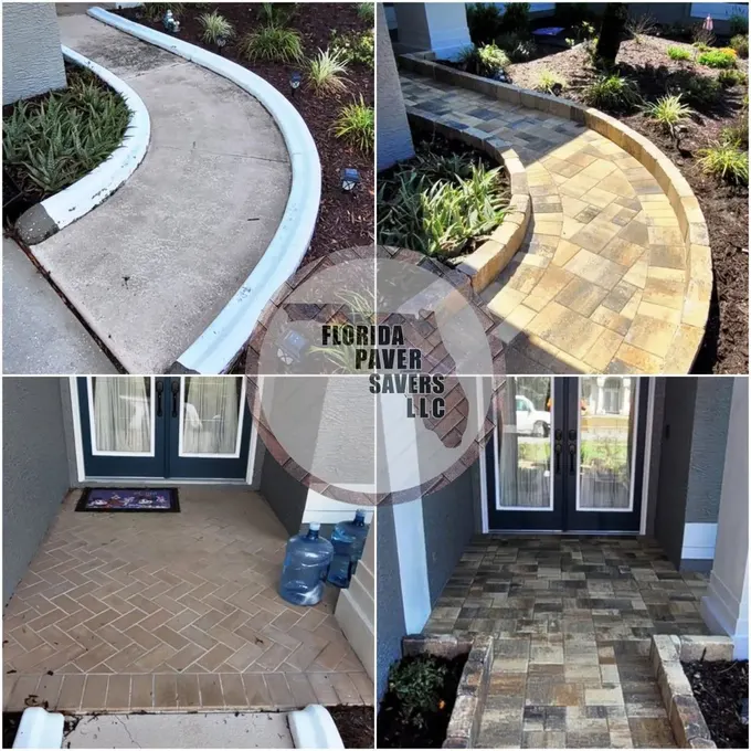 Before-and-after curved entry walkway and covered porch finished with multicolor pavers