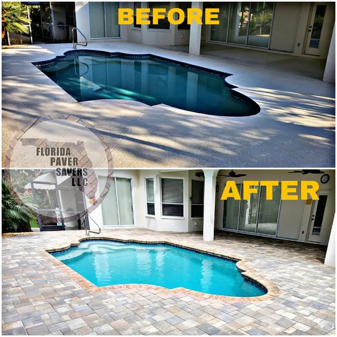 Before-and-after installation of a paver pool deck inside a screen enclosure