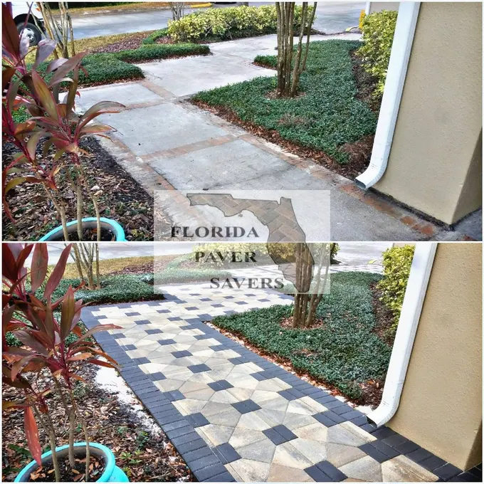 Before-and-after curved entry path with a dark border and contrasting paver pattern