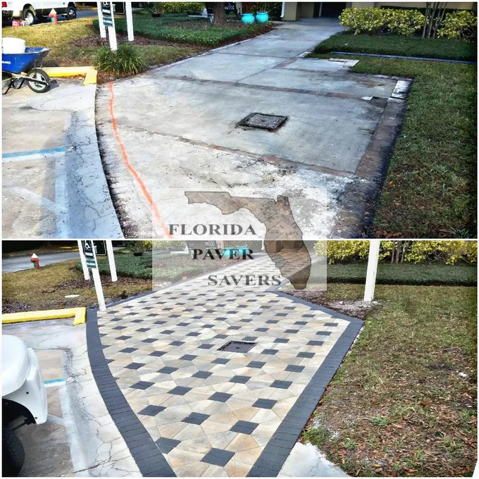 Before-and-after paver walkway installation with contrasting dark accents