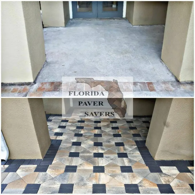 Before-and-after covered front entrance finished with a contrasting paver pattern