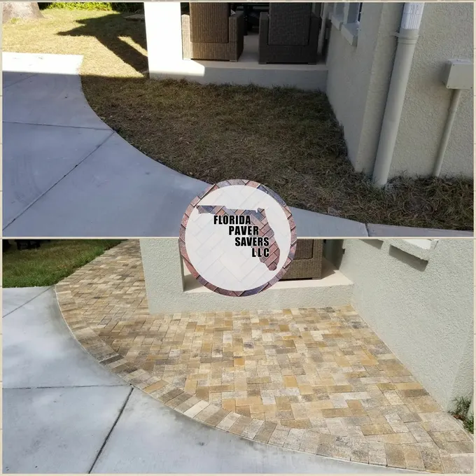 Before-and-after curved paver path connecting a concrete walk to a covered porch