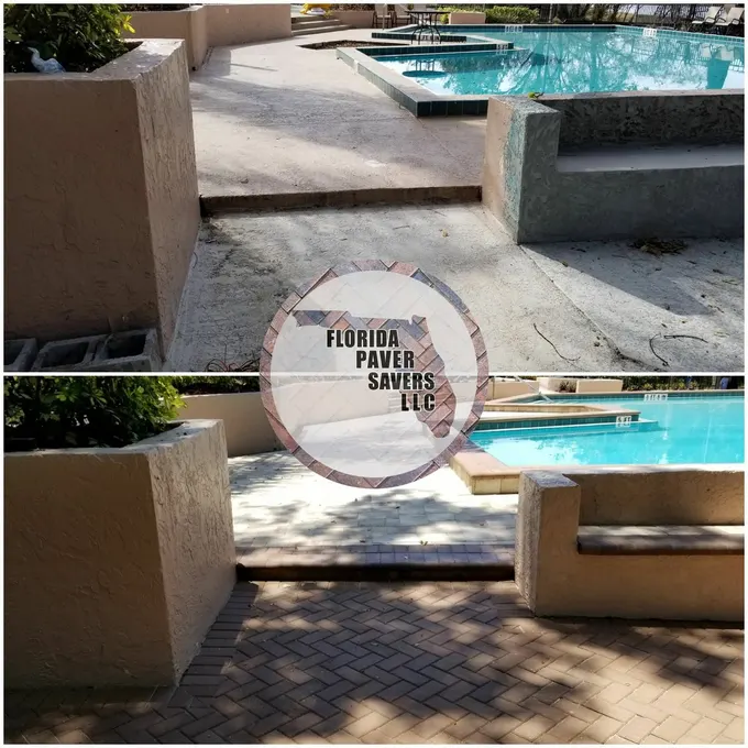 Before-and-after paving beside a commercial swimming pool and seating wall
