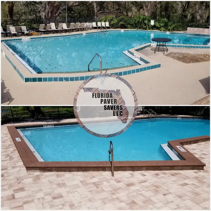 Before-and-after commercial pool deck with new pavers and contrasting coping