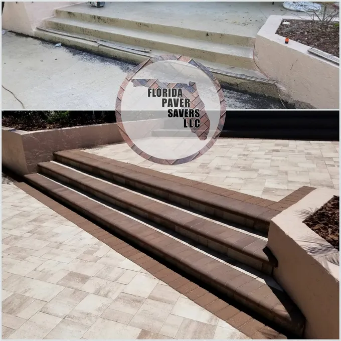 Before-and-after commercial poolside steps and adjoining paver walkway