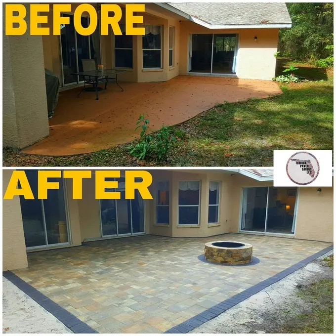 Before-and-after backyard paver patio installation with a round stone fire pit